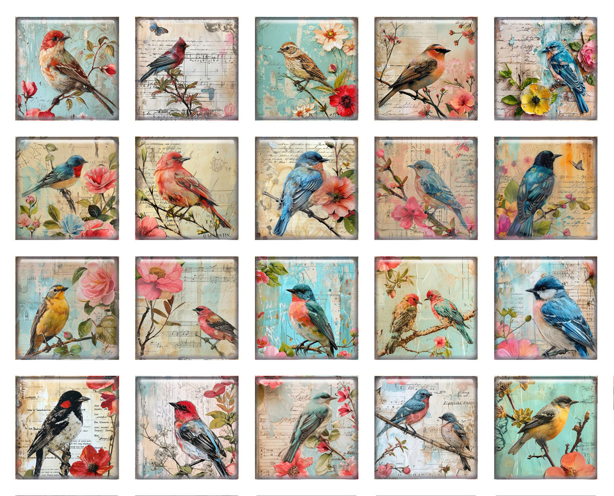 Old Fashioned Glass - Zufällig gemischte runde/ovale/quadratische Vintage-Foto-Glascabochons mit Vogel-